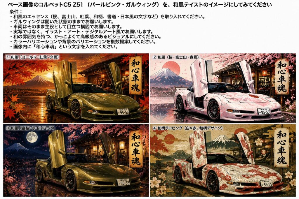 コルベットC5 Z51を和風デザイン化するためにChatGPTへ入力した指示内容