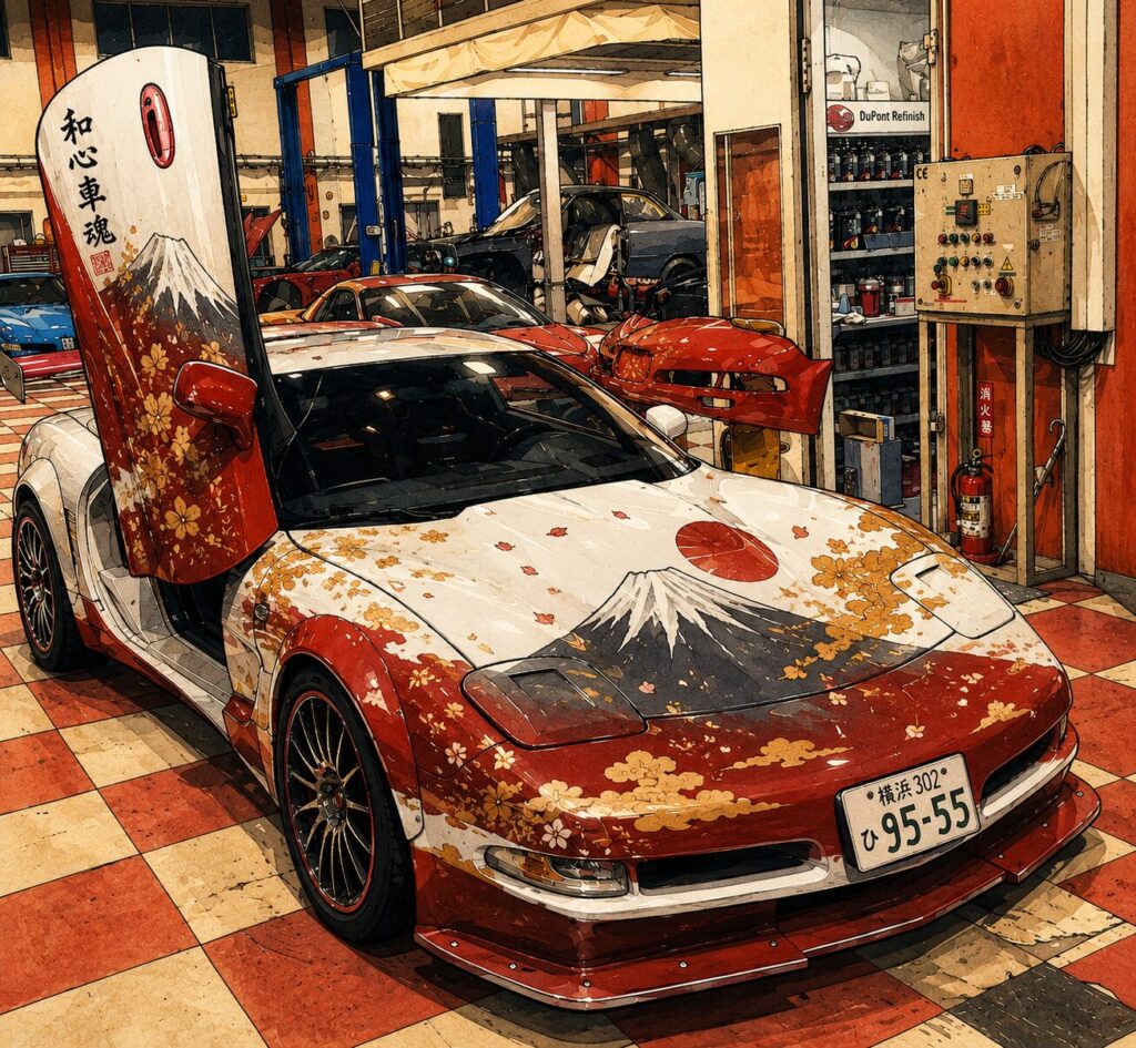 富士山や桜を車体へ描いた和柄ラッピング風のコルベットC5 Z51